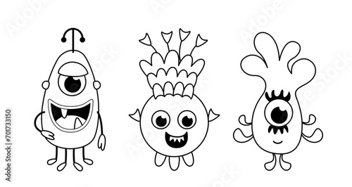 Aliens and space monsters. Coloring page. Black and white alien. Vector