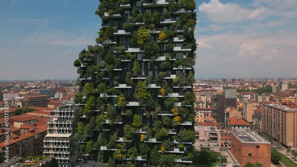 Aerial close up view of ecological modern architecture skyscrapers with green trees on every balcony. Bosco Verticale residential towers in Milan, Italy. 4k Milan city skyscrapers