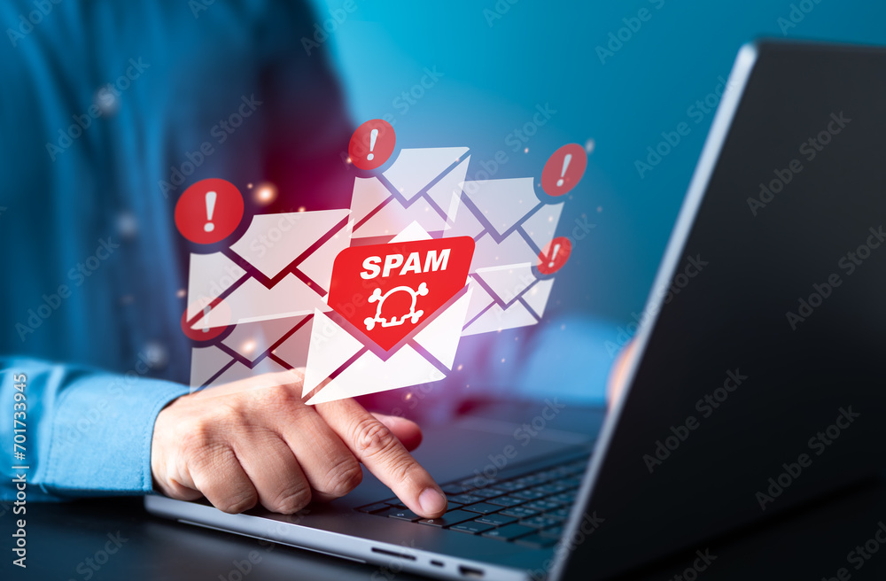 Suspect emails alert on virtual screen. E-mail inbox with spam virus message caution sign for threat notification. Harmful, Trash and junk mail, Spam mail pop-up warning. Cyber security awareness. Suspect emails alert on virtual screen. E-mail inbox with spam virus message caution sign for threat notification. Harmful, Trash and junk mail, Spam mail pop-up warning. Cyber security awareness.
