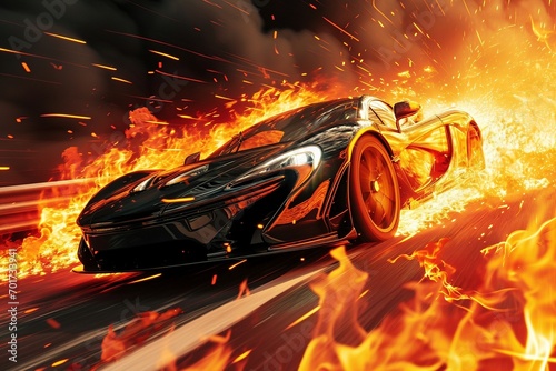 In a visually stunning wallpaper, a futuristic supercar is surrounded by dynamic fire and flame effects.
