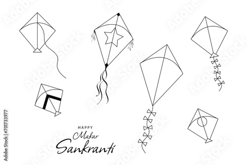 Hand drawn flying kites set vector illustration. Happy makar sankranti