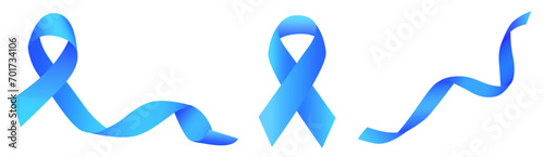 Set of blue curly ribbons and loops realistic style, vector illustration isolated on white background. Cancer awareness month symbol. Vector illustration