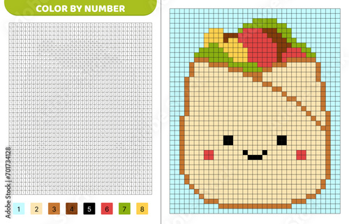 Doner kebab squishmallow. Color by number. Pixel coloring book. Numbered squares. Game for kids