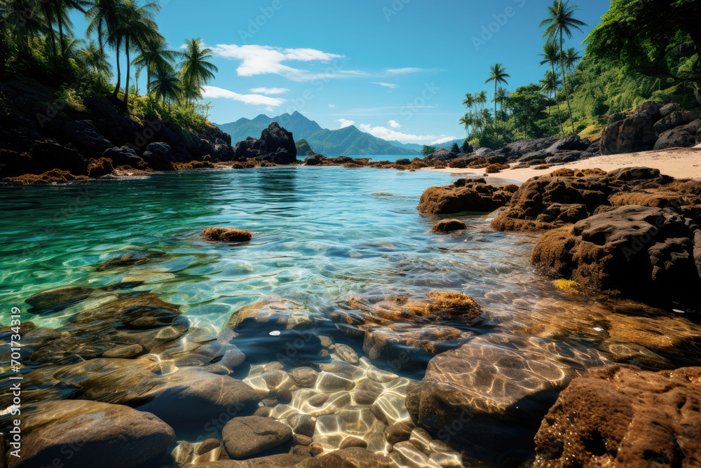 Tropical beach with clear water and rocks on a sunny day. Summer holidays