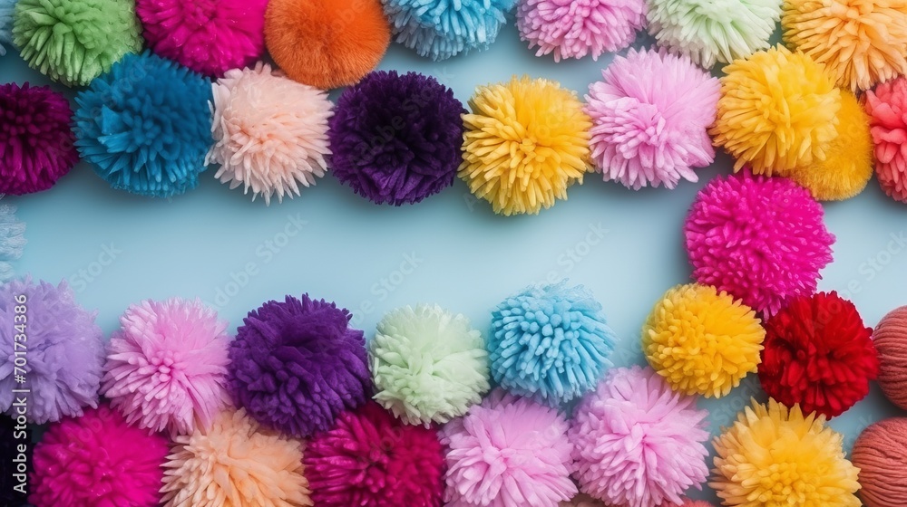 The arrangement of colorful pom poms on a flat surface. The arrangement of colorful pom poms on a flat surface.