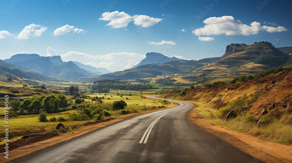 Empty long road. Blue sky and mountains on the background. Empty long road. Blue sky and mountains on the background.