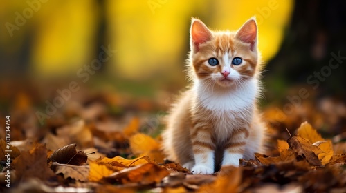 The kitten is cute and sits on a leaf