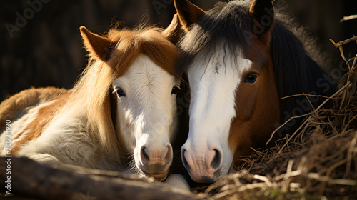A close up photo and painting of horses standing together with each other. Elegant Horse Art Composition with Close-Up Details