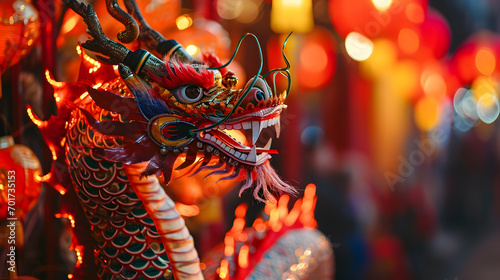 Closeup view of Chinese dragon statue with background of traditional lanterns.
