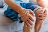 Knee joints pain in Caucasian man. Concept of osteoarthritis, rheumatoid arthritis or ligament injury