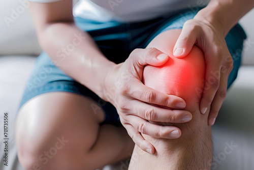 Knee joint pain in Caucasian man. Concept of osteoarthritis, rheumatoid arthritis or ligament injury photo