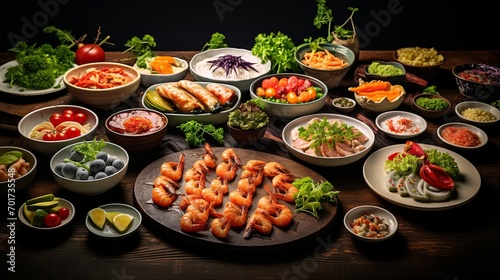 A collection of food items that can be used for oriental cooking, including vegetables, meat, seafood, and fruits.