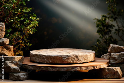 Minimalistic scene of a cylindrical podium on the background of a stone wall for the presentation of goods and cosmetics. A showcase with a stage for natural products. Eco-weaving © Sunshine