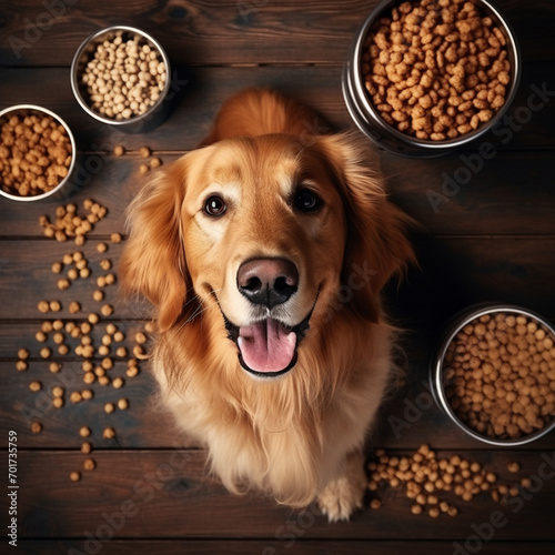 Natural dog food. Golden retriever dog lies near his bowl full of food  looks at the camera  top view