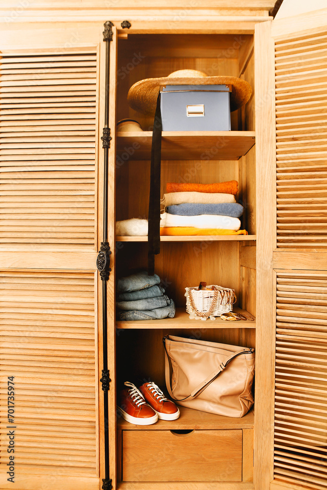 Casual clothes, shoes, bag and jewelry in a wardrobe in retro style Casual clothes, shoes, bag and jewelry in a wardrobe in retro style