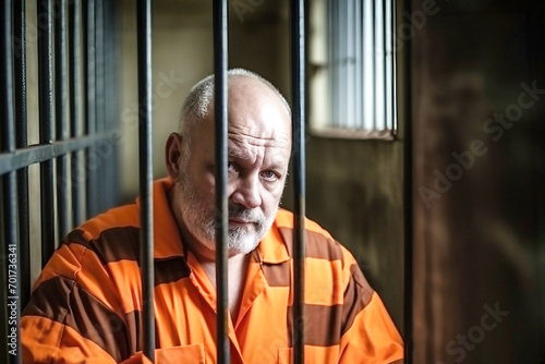 An elderly criminal in an orange uniform sits in a prison cell and thinks about freedom. A prisoner is serving his sentence in a prison cell. Serving a sentence for a crime.