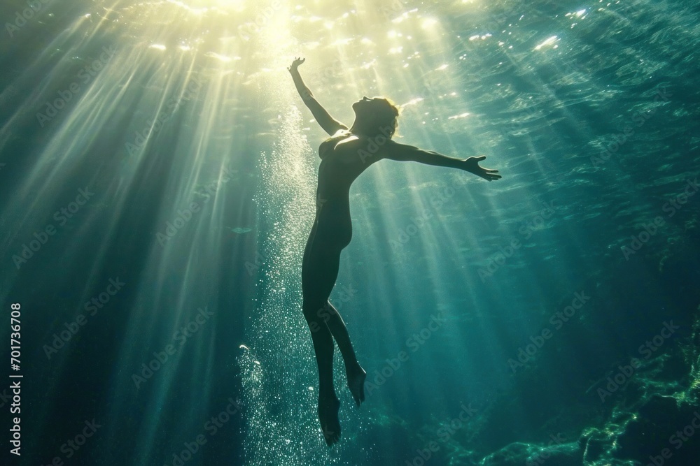 gorgeous supermodel woman, open eyes as water posture, limbs outstretched, beautiful cinematic lighting spread over the scene, professional photography