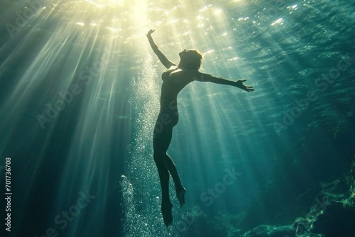 gorgeous supermodel woman, open eyes as water posture, limbs outstretched, beautiful cinematic lighting spread over the scene, professional photography © Thilo