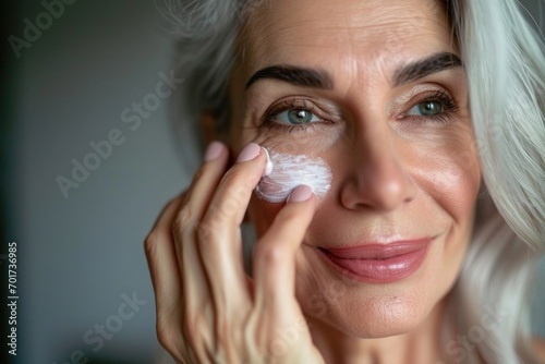 Smiling beautiful senior woman using cream for good skin Healthy woman's face applying cream and makeup skin care cream advertisement Anti-aging