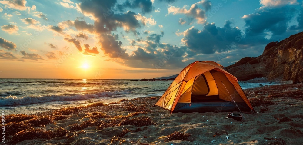 Vibrant tent on a deserted beach at sunset, waves gently crashing--symbolizing a family's seaside escape with camping spirit.