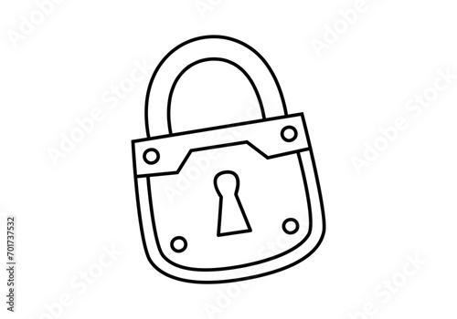Hand drawn cute outline illustration of closed lock. Flat vector protection sticker in line art doodle style. Financial literacy or safety icon. Reliability and trust in banking. Security. Isolated.