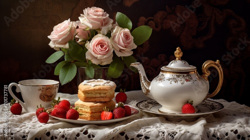 A tea set in floral rose pattern with a teapot and tea cup on a tablecloth with cookies can be seen from one side.