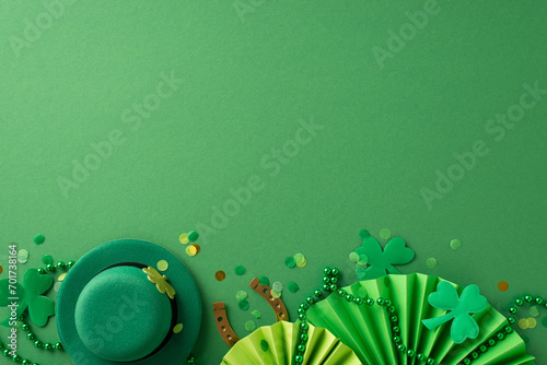 Experience Saint Patrick's Day joy through this top-view arrangement: leprechaun's hat, lucky horseshoe, animated fans, shamrocks, confetti, beads on green canvas. Utilize spacious background for text