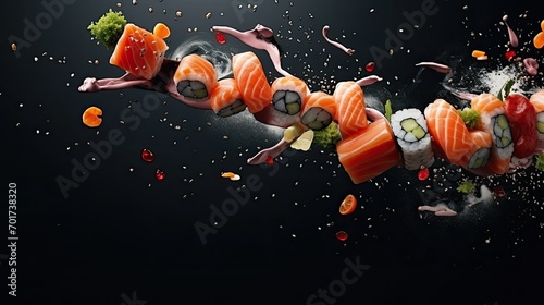 Sushi with flying ingredients. Japanese advertisement food. Menu banner photo