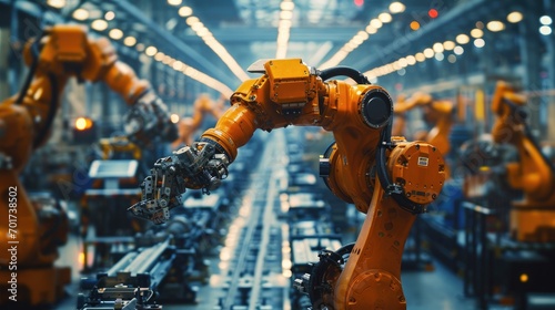 Billede på lærred automation robot arm in assembly manufacturing plant on production line