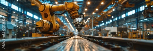 automated industrial robot arm in manufacturing factory warehouse