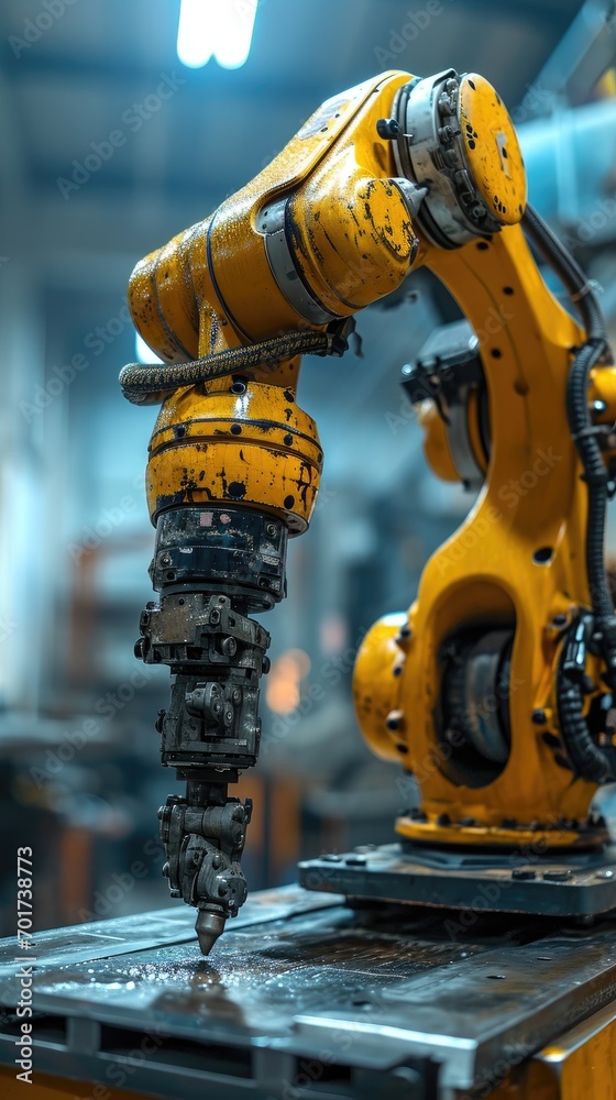 vertical portrait of automated robot arm in production factory assembly line