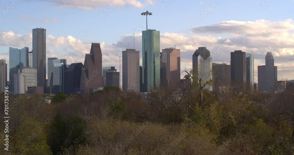 Panning aerial shot of downtown Houston, Texas and surrounding area on a cloudy day Panning aerial shot of downtown Houston, Texas and surrounding area on a cloudy day
