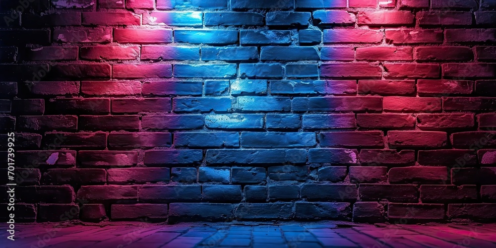 Urban glow. Abstract night scene with dark brick walls and neon lights. Futuristic ambiance. Dark room with glowing light on concrete wall. Electric nights. Empty space with bright and grunge