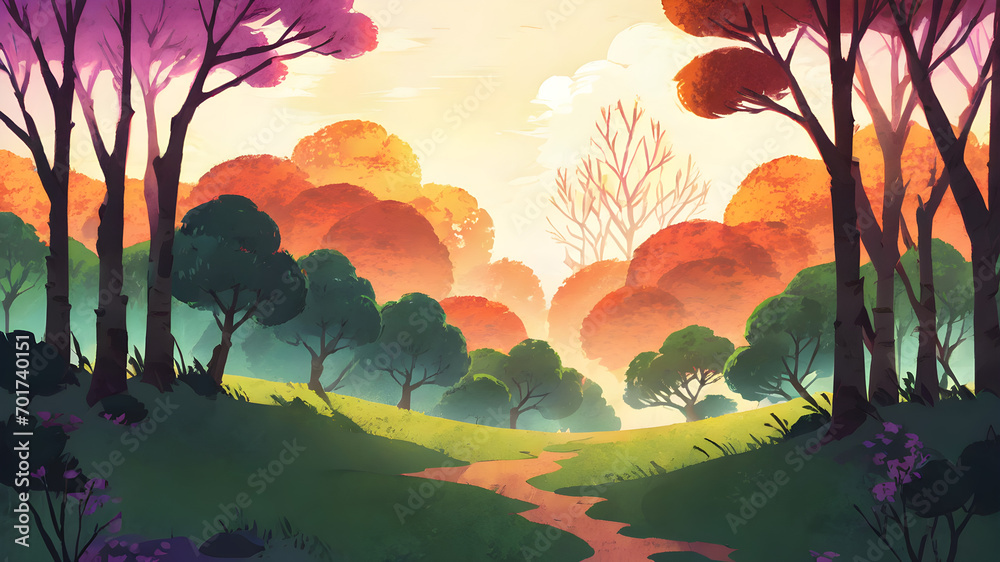 Cartoon sunrise scene in the forest
