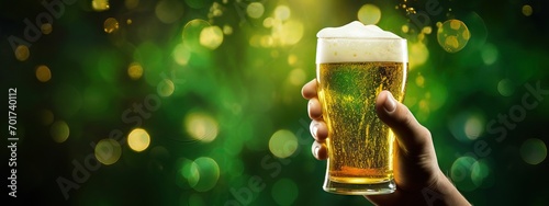 Man holding a glass with cold fresh beer on blured green background. Oktoberfest and St. Patrick's day celebration in a pub or bar. Card, banner, poster, flyer with copy space