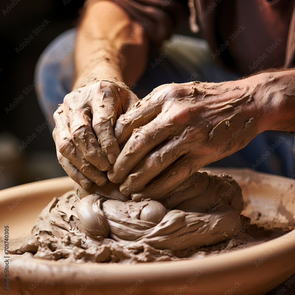A close-up of a potter molding clay with hands.
