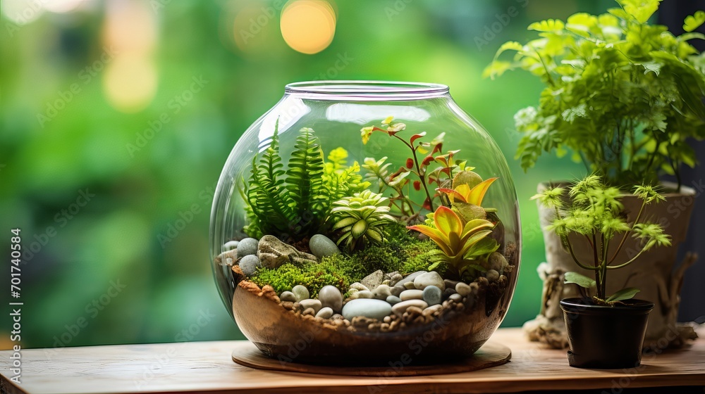 The table has plants for a terrarium garden