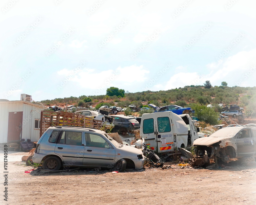 Car Reuse. Junk yard with many wrecked cars. Colored Image. Israel. Palestine. Bartaa