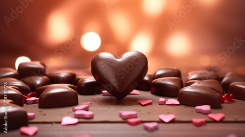 Valentine's Day, Valentine Sweet food confectioner photography background - Heart chocolate pralines on dark brown wooden table photo