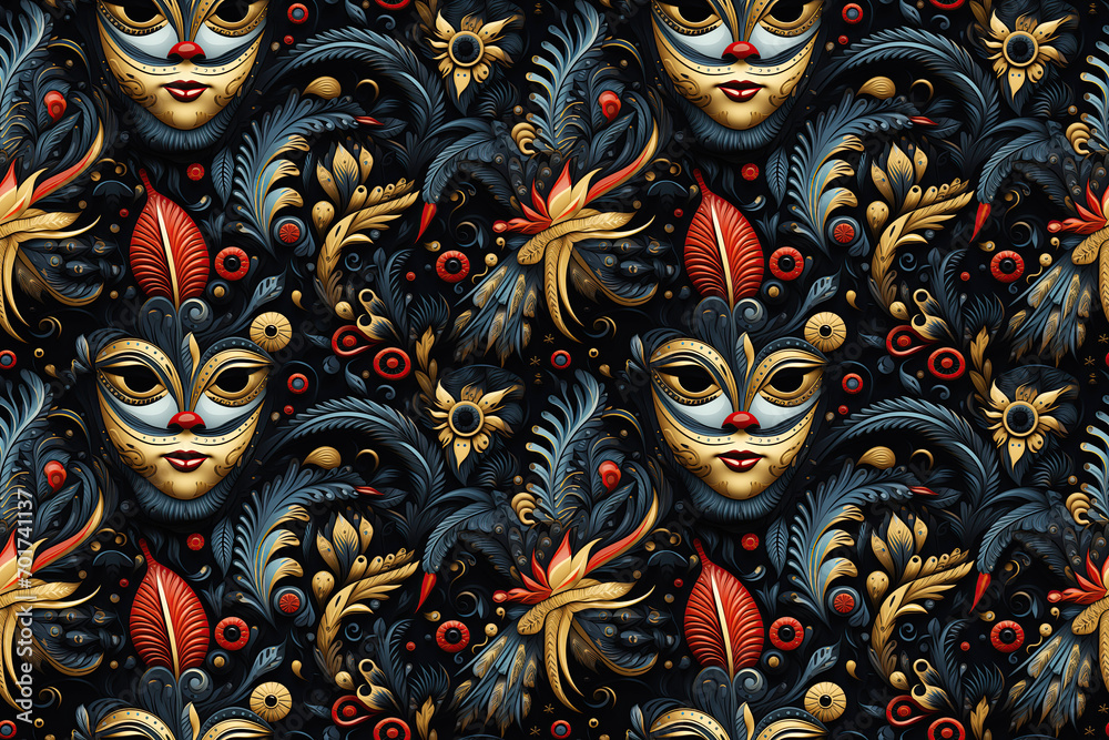 festive seamless pattern with colorful carnival masks for the holiday on black multicolored background