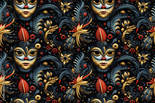 festive seamless pattern with colorful carnival masks for the holiday on black multicolored background © alexkoral