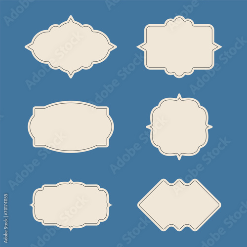 Ornamental label frames. Old ornate labels, decorative vintage frame and retro badge. Royal wedding insignia, sale sticker or invitation card. Isolated vector symbols set