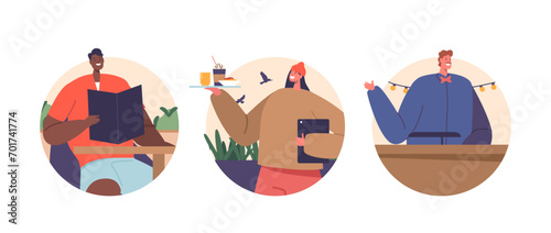 Isolated Vector Round Icons Or Avatars With Cartoon Male And Female Characters Visit Eco Farm Restaurant Or Bar