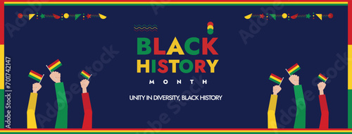 Black History Month, Black lives matter, poster, cover with hands holding flags and protesting for the rights. Black people rights banner with yellow, red and green colours. Unity and safety for black photo