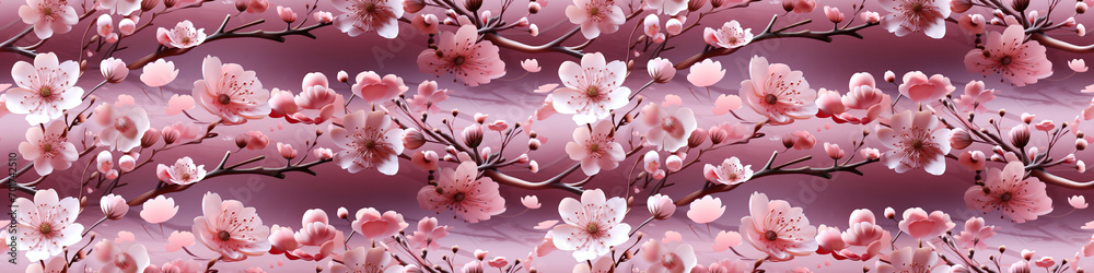 traditional oriental asian Japanese floral seamless pattern with sakura blossoms blooming on branches on pink background
