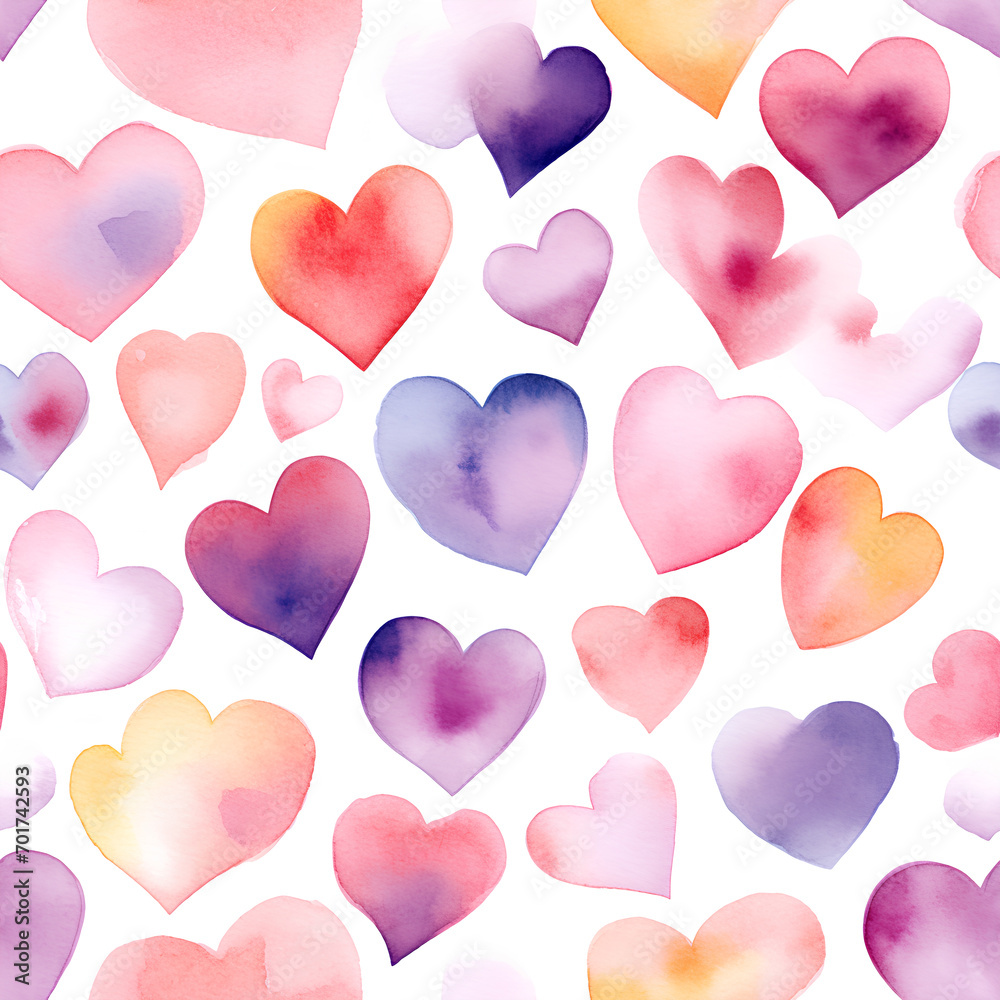 Colorful watercolor hearts seamless pattern on Valentine's day. Wallpaper, banner, card, wrapping paper template.