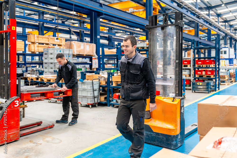 Obraz premium Male handling workers in a logistic factory