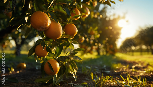 Recreation of oranges hanging in tree at sunset	