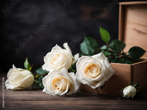 Gift box with white roses on a dark wooden background.  © Rakirur