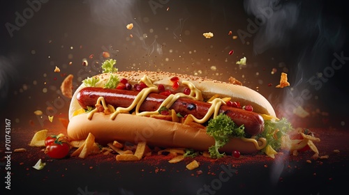 Hot dog with flying ingredients and spices hot ready to serve and eat. Food commercial advertisement. Menu banner with copy space area